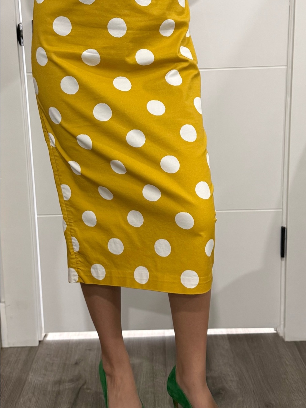 Polka Dot Midi Pencil Skirt in Mustard Yellow